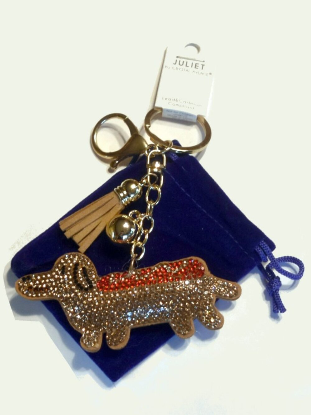 Juliet Crystal Avenue Rhinestone Dachshund Bag Charm Keychain Dust Bag NWT - Picture 3 of 5